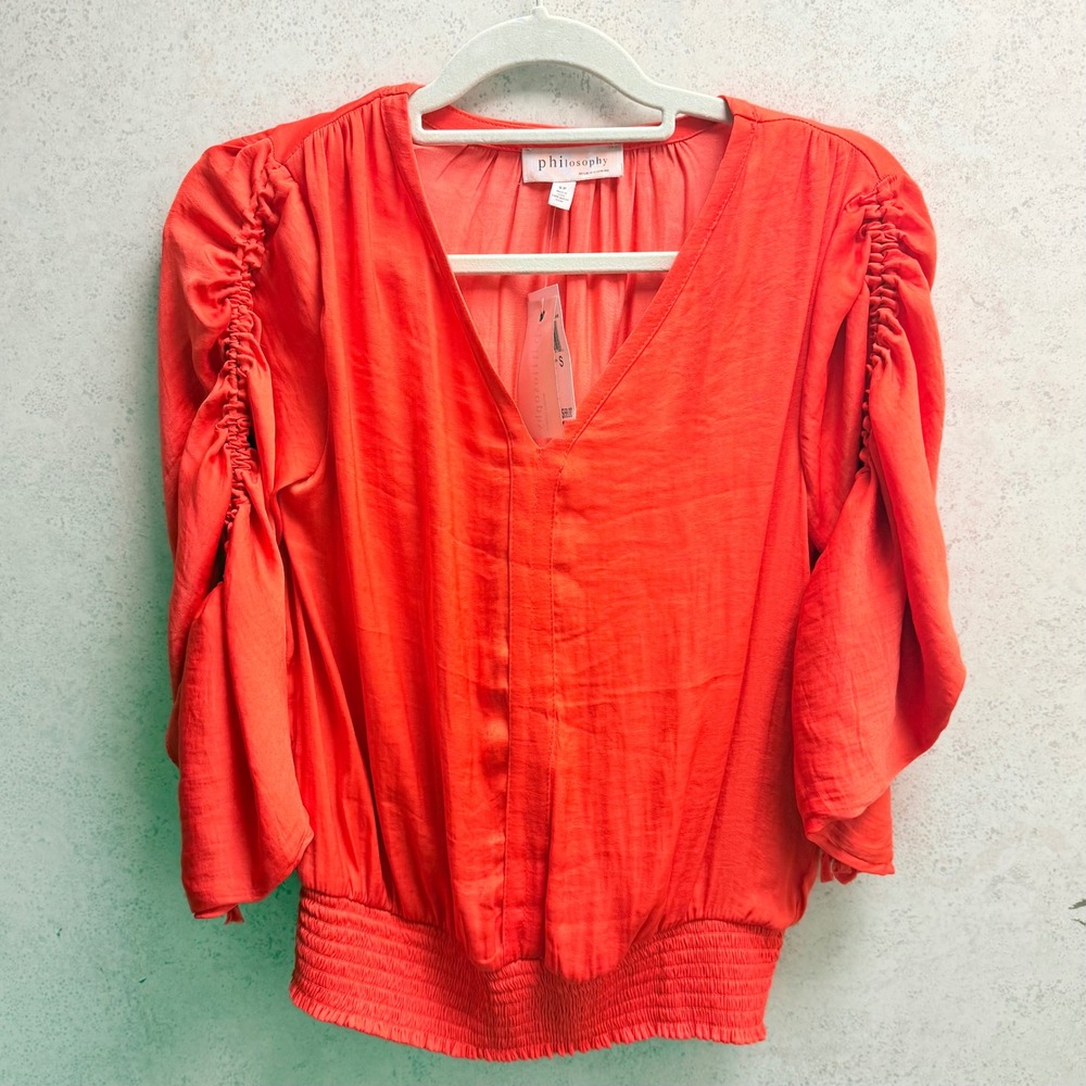 Philosophy Small Womens Flame Bright Orange Boho  Ruched Sleeve Smocked  Blouse